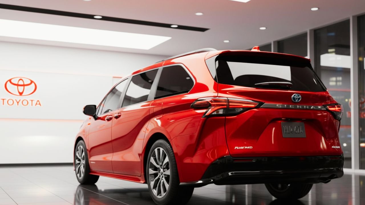 Rear view of the 2026 Toyota Sienna Hybrid, showcasing its spacious cargo area and sleek design.